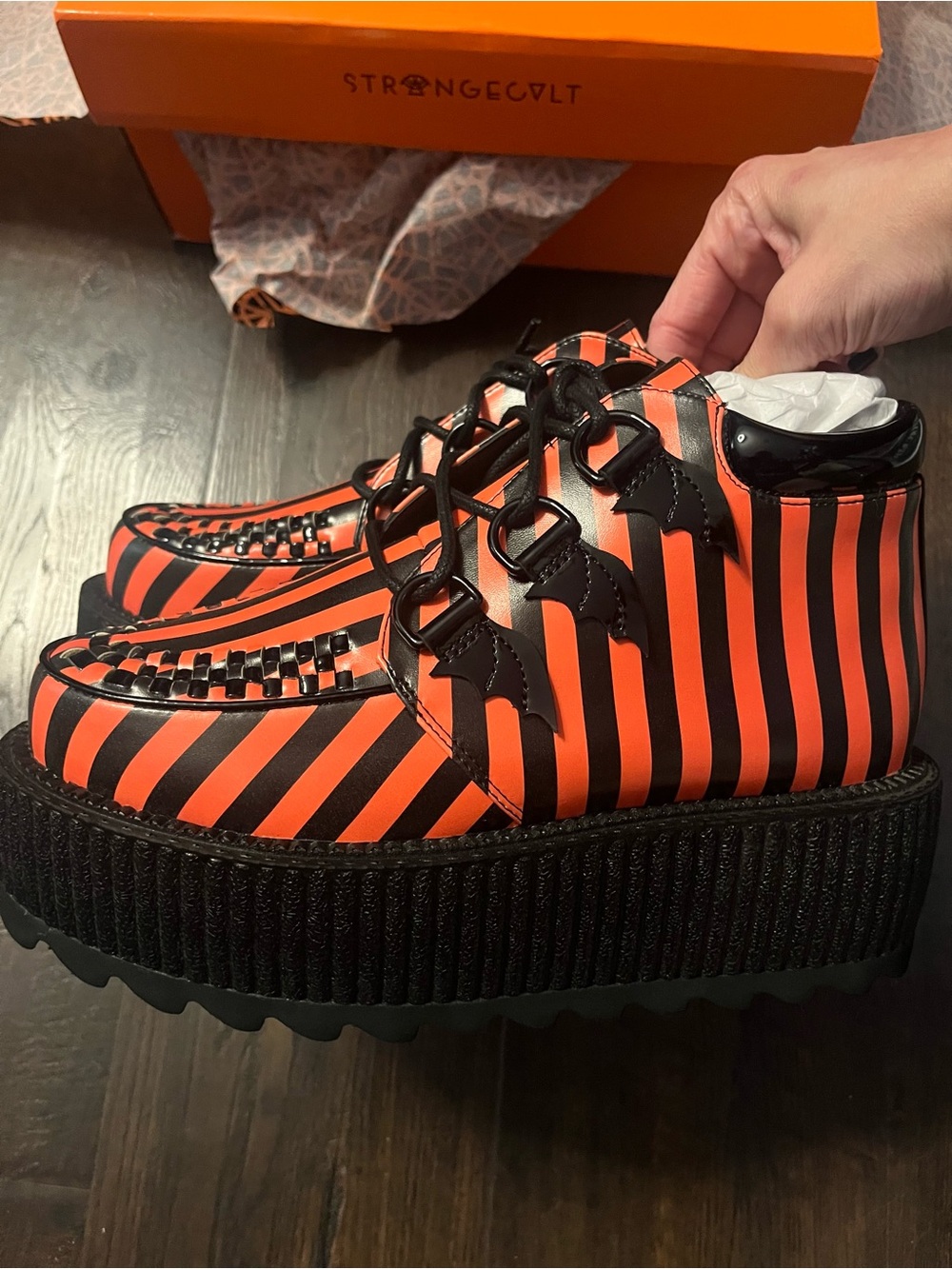 Strange Cvlt Orange & Black Striped Super Kreep Platform Creepers-size 8